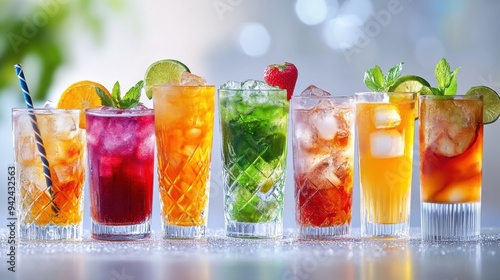 Colorful Array of Various Alcoholic and Non-Alcoholic Cocktails in Glasses