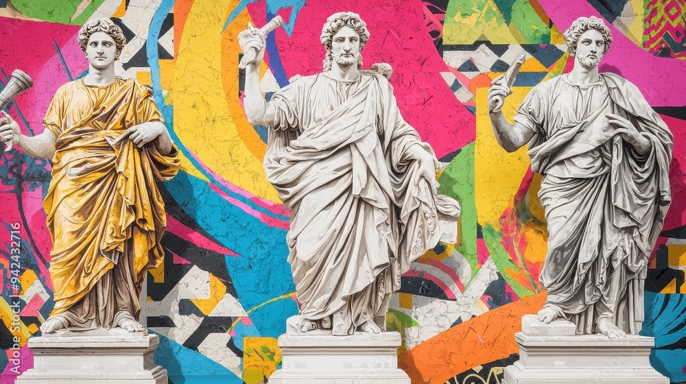 Fototapeta premium Ancient Statues with Modern Graffiti Art