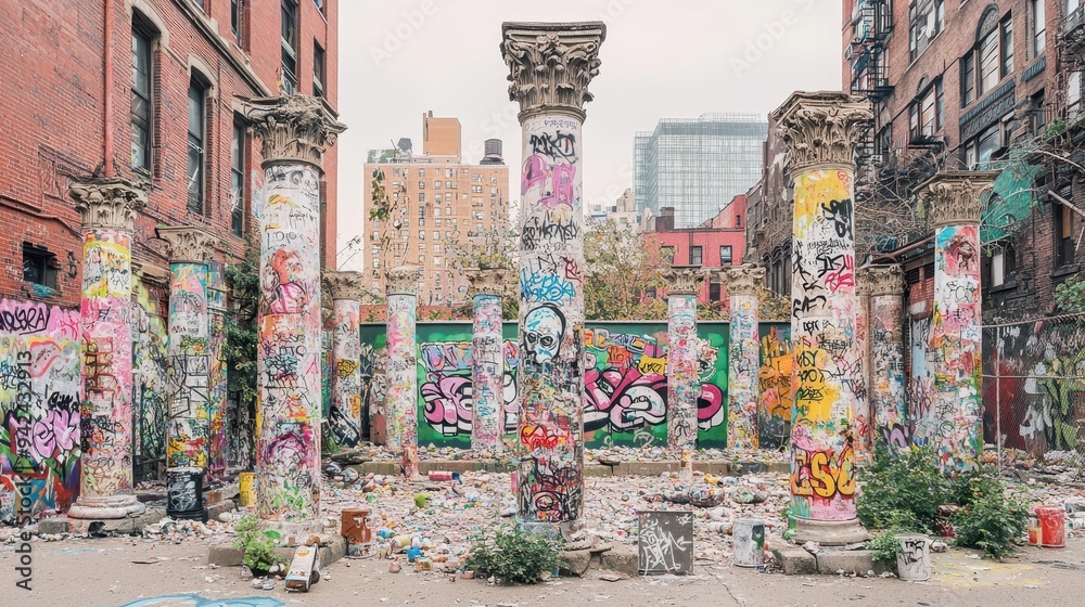Fototapeta premium Urban Decay Graffiti Art on Pillars in Abandoned City Lot