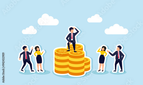 An entrepreneur standing on a pile of coins, receiving accolades from employees or competitors, illustration concept of Recognition for wealth or business profit achievements