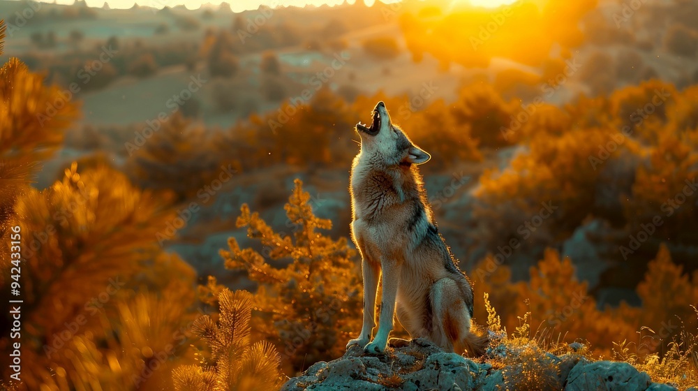 Obraz premium Wolf Howling at Sunset in a Forest