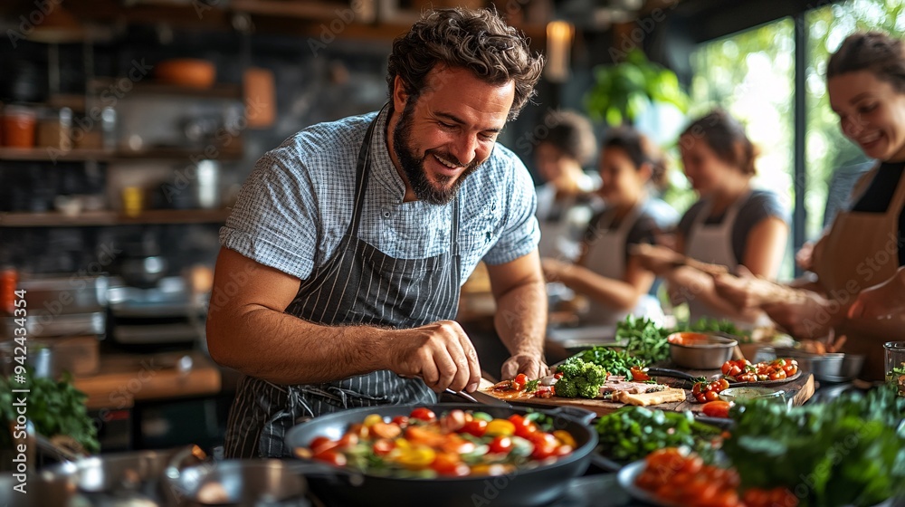 Cheerful Chef Leading Cooking Class with Fresh Ingredients Cheerful Chef Leading Cooking Class with Fresh Ingredients