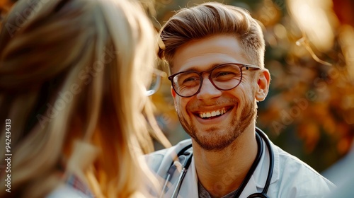 A Doctor in a White Coat Smiling at a Patient photo