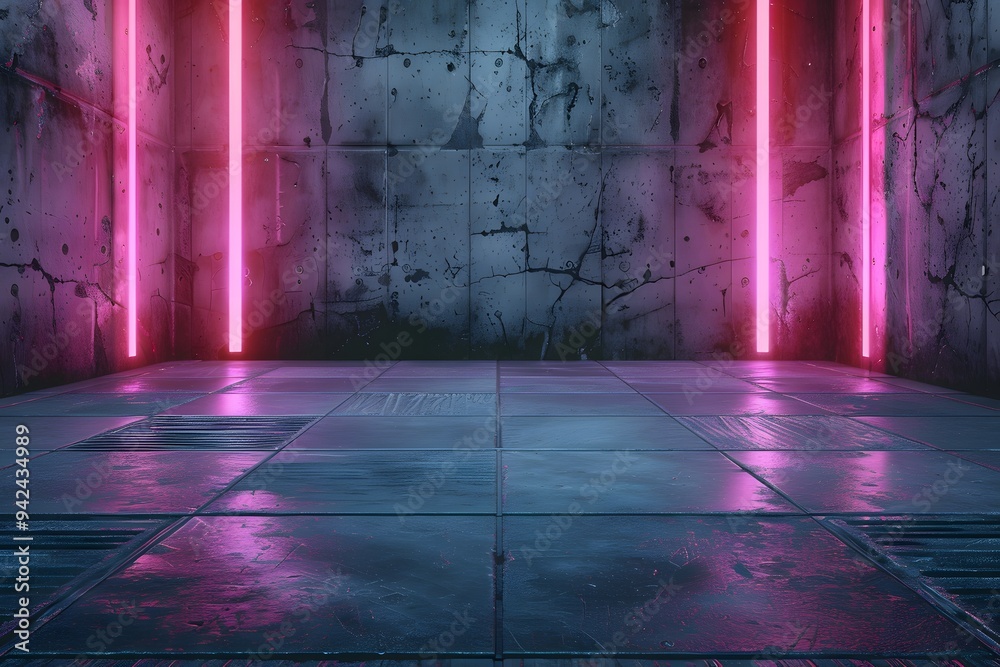 Abstract dark room with neon lights and empty floor for background or wallpaper, cyberpunk style. The wall is made of concrete slabs and the ground has square tiles. Abstract dark room with neon lights and empty floor for background or wallpaper, cyberpunk style. The wall is made of concrete slabs and the ground has square tiles.