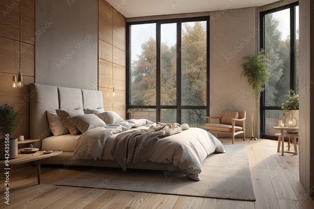Fototapeta premium Modern bedroom with large windows and wooden accents