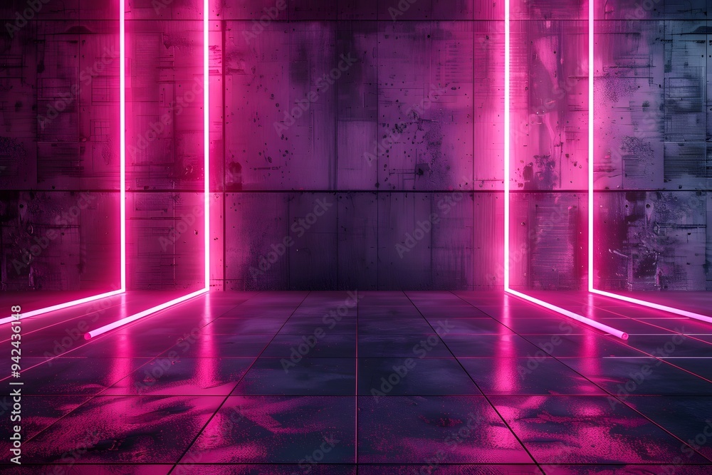 Abstract dark room with neon lights and empty floor for background or wallpaper, cyberpunk style. The wall is made of concrete slabs and the ground has square tiles. Abstract dark room with neon lights and empty floor for background or wallpaper, cyberpunk style. The wall is made of concrete slabs and the ground has square tiles.