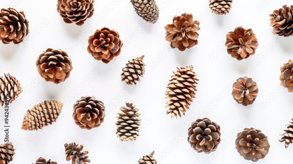 Pine cones dried design on white backdrop Pine cones dried design on white backdrop