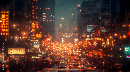 A bustling city street at n...
