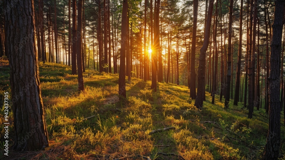 Obraz premium Pine trees on a forest hill illuminated by setting sun spring scenery