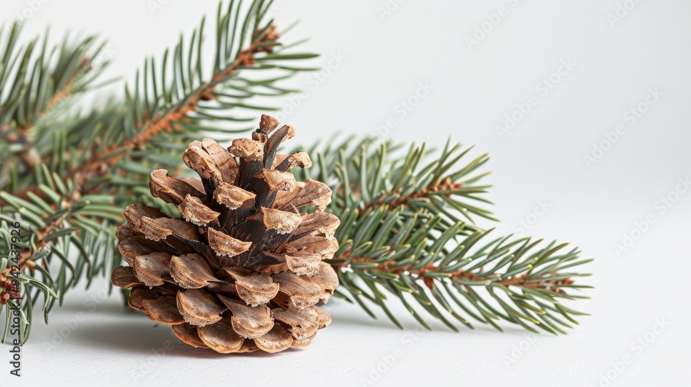 Pinecone on white background with branches and needles