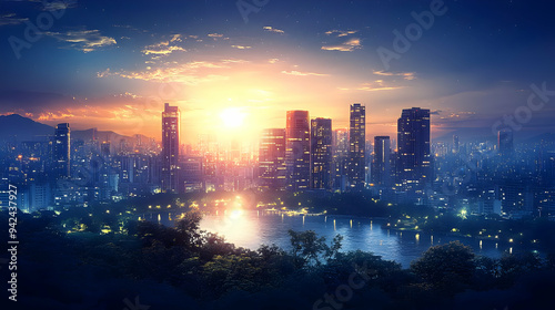 A cityscape with skyscraper...