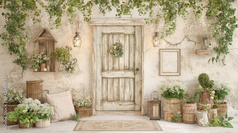 Naklejka premium Rustic Farmhouse Door with Greenery and Flowers