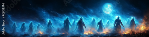 A haunting scene of ethereal ghosts illuminated by blue flames, perfect for Halloween-themed designs or supernatural event promotions.