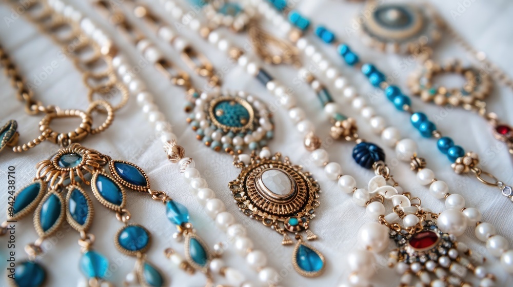 Closeup of Elegant Blue and Gold Jewelry with Pearls. Closeup of Elegant Blue and Gold Jewelry with Pearls.