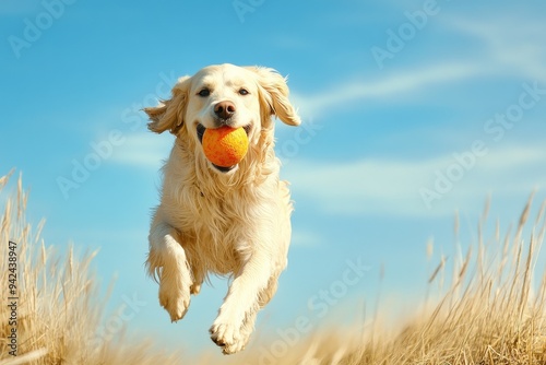A joyful golden retriever leaps through a field, playing with a bright orange ball under a clear blue sky. photo