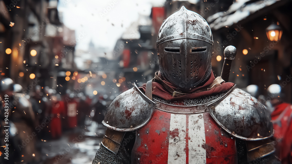 A knight in armor stands boldly in a medieval festival street, perfect for historical reenactments or themed events. A knight in armor stands boldly in a medieval festival street, perfect for historical reenactments or themed events.