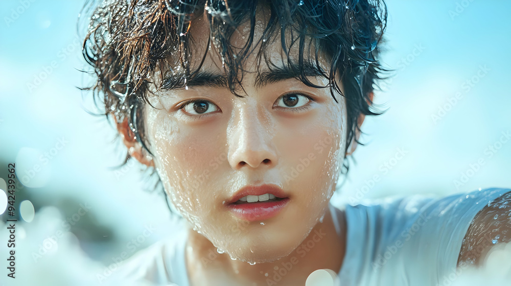 A close-up portrait of a young man with wet hair and skin, looking directly at the camera. A close-up portrait of a young man with wet hair and skin, looking directly at the camera.