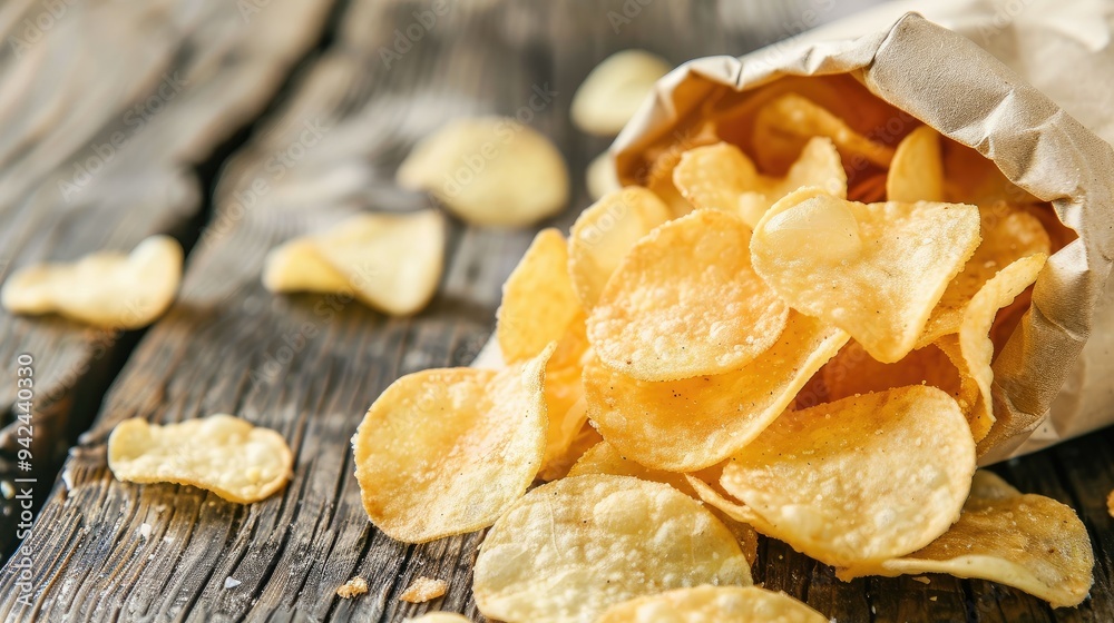 Crispy potato chips spilling out of a paper bag on a rustic wooden surface, perfect for snack and food-related concepts. Crispy potato chips spilling out of a paper bag on a rustic wooden surface, perfect for snack and food-related concepts.