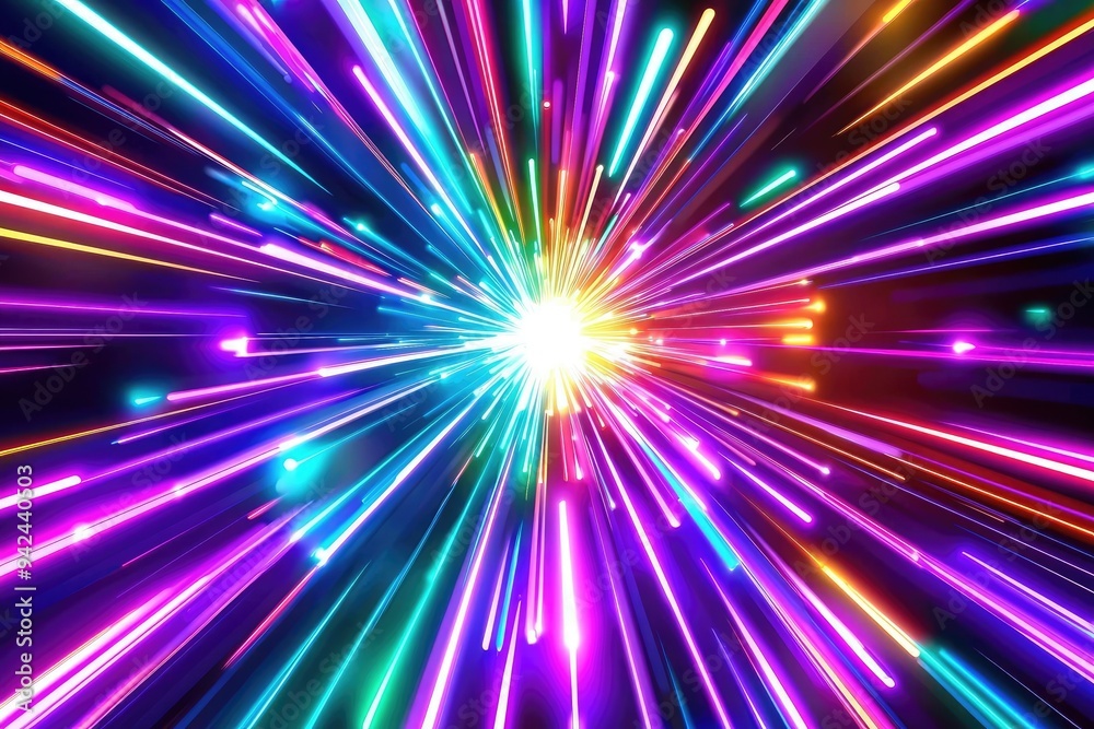 Vibrant burst of light rays in various colors creating an energetic and dynamic visual effect on a dark background. Vibrant burst of light rays in various colors creating an energetic and dynamic visual effect on a dark background.
