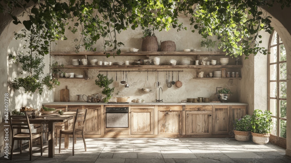 Rustic Kitchen Interior with Wooden Cabinets and Greenery Rustic Kitchen Interior with Wooden Cabinets and Greenery