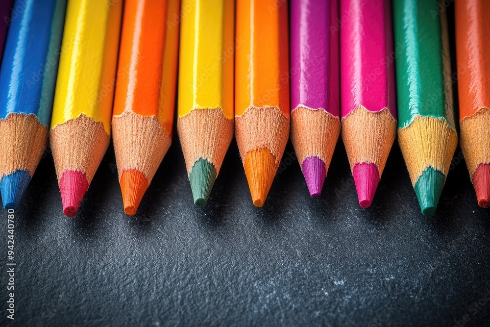 Colorful pencils in a row. A close-up shot of colored pencils arranged in a row with their sharpened tips visible. Colorful pencils in a row. A close-up shot of colored pencils arranged in a row with their sharpened tips visible.