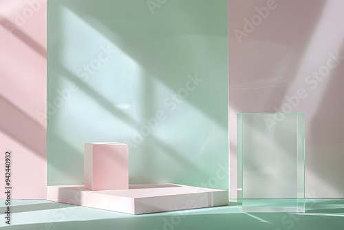 A minimalist stage design style background with light pink and green as the main colors, featuring two square-shaped boxes placed on an open space. The left side of one box is filled with white paper,