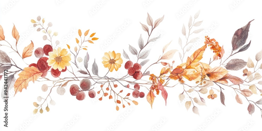 custom made wallpaper toronto digitalWatercolor illustration of a composition featuring branches leaves and flowers The images are hand drawn and isolated on a white background