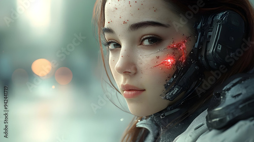 A cyborg woman with a glowi...