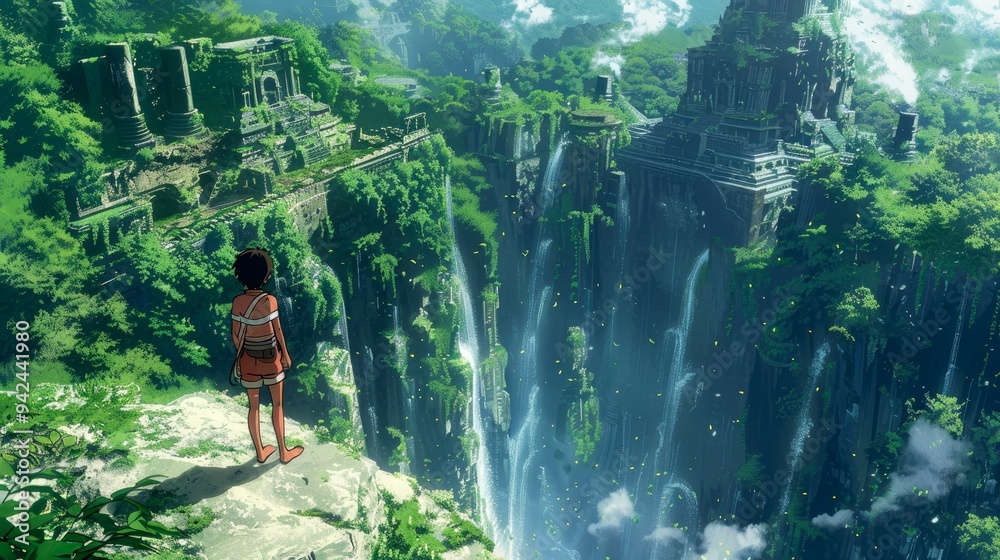 Fototapeta premium A lone figure standing on a cliff overlooking a lush valley with waterfalls and overgrown ruins.