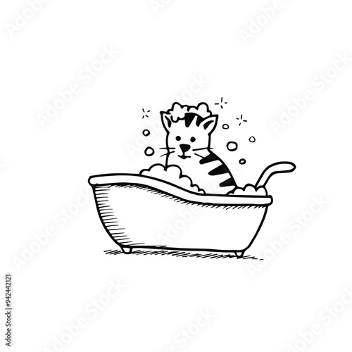 Cute Cat take a bath in bathtub hand drawn illustration 