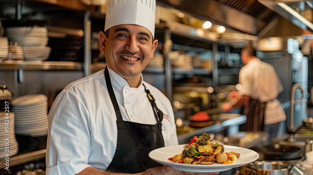 Chef Holding a Plate of Food in a Restaurant Kitchen Chef Holding a Plate of Food in a Restaurant Kitchen