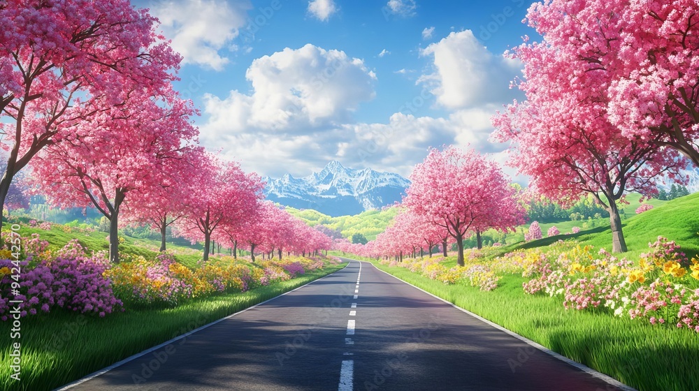 Naklejka premium Picturesque countryside road lined with blooming spring flowers, pastoral scene
