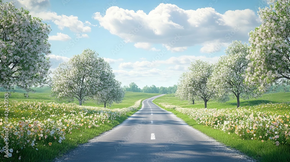 Picturesque countryside road lined with blooming spring flowers, pastoral scene