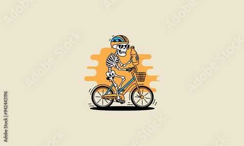 skeleton riding bicycle holding bottle vector mascot design