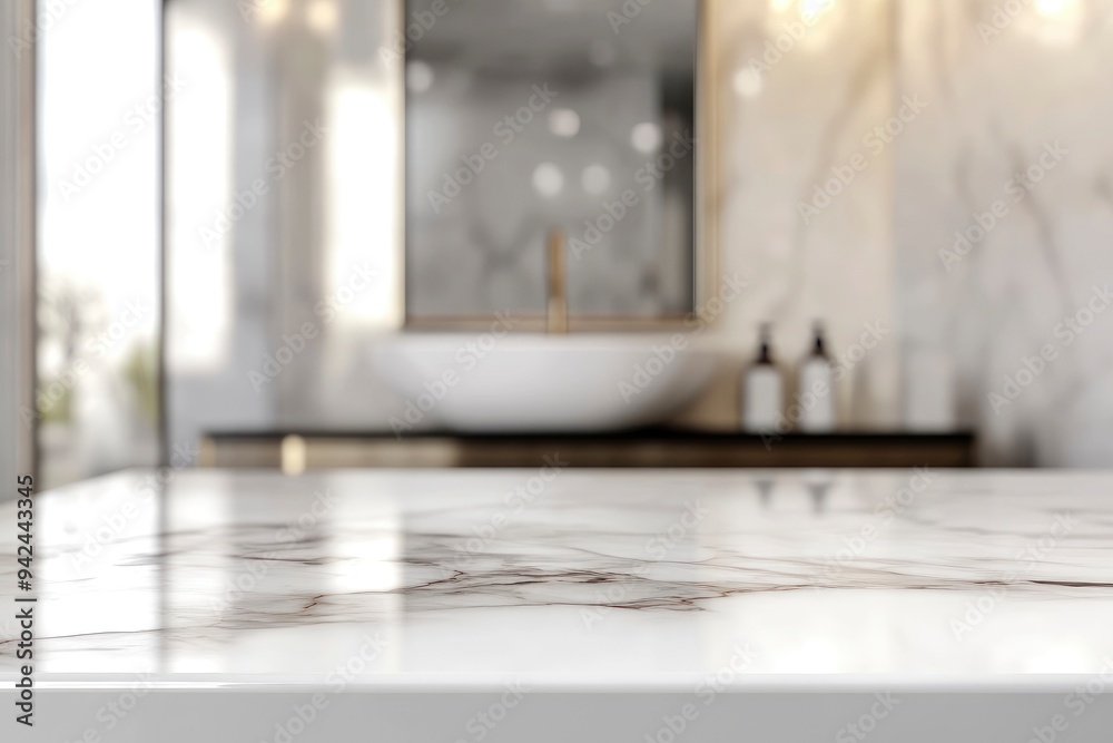 White luxury marble tabletop with copy space over blurred white elegance bathroom background with generative ai White luxury marble tabletop with copy space over blurred white elegance bathroom background with generative ai