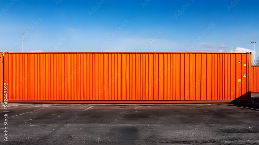 Trade Barrier Concept: Isolated Orange Shipping Container Amidst Empty Parking Lot, Blue Sky Delineation Trade Barrier Concept: Isolated Orange Shipping Container Amidst Empty Parking Lot, Blue Sky Delineation