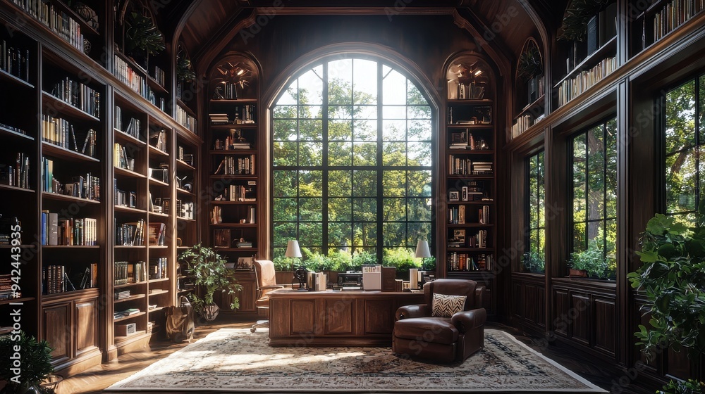 Luxurious Home Library with Large Window and Leather Armchair Luxurious Home Library with Large Window and Leather Armchair
