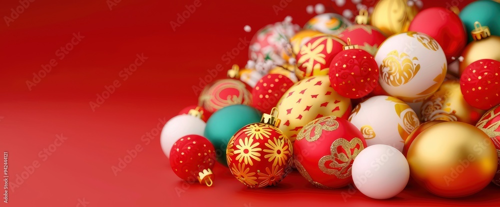 Festive Christmas Ornaments on Red Background Festive Christmas Ornaments on Red Background
