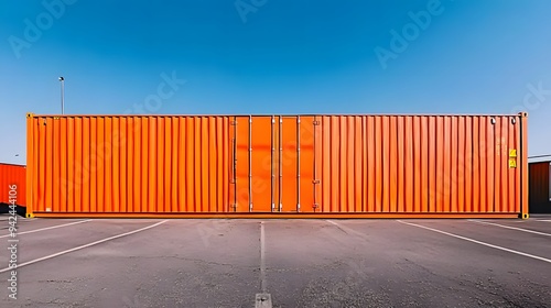 Trade Barrier Concept: Isolated Orange Shipping Container Amidst Empty Parking Lot, Blue Sky Delineation