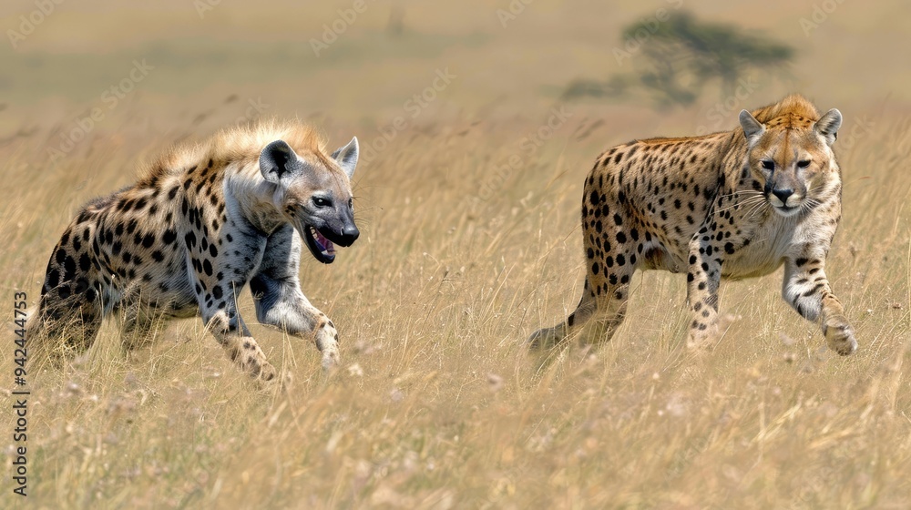 Two Spotted Hyenas Walking in Tall Grass Two Spotted Hyenas Walking in Tall Grass