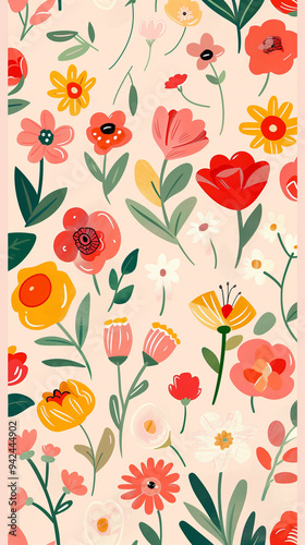 Bright and colorful floral pattern with various flowers on a light pastel background