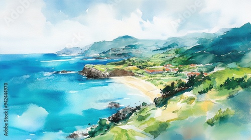 Watercolor illustration depicting a beautiful aerial view of a coastal area on a sunny summer day