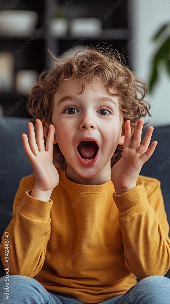 A joyful child with curly hair expressing excitement and surprise. A joyful child with curly hair expressing excitement and surprise.
