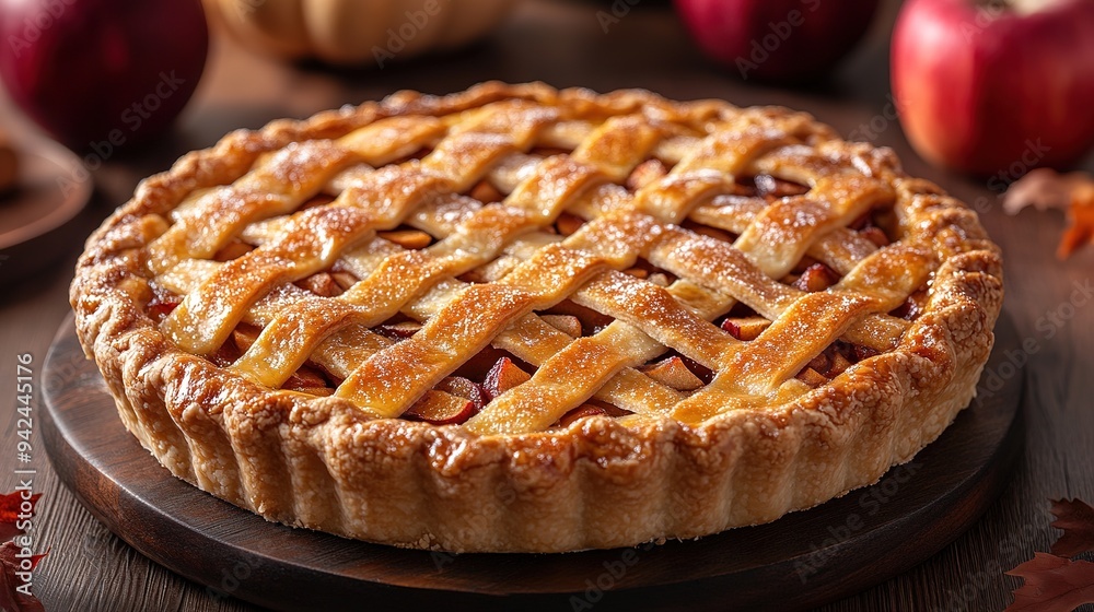 Apple pie decorated with lattice overhead shot, fall baking concept