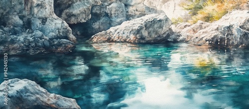 Watercolor illustration depicting blurred water due to long exposure with a stunning stone in the backdrop