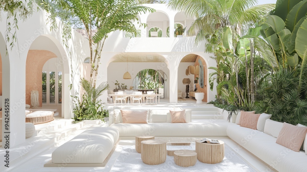 Fototapeta premium Modern Tropical Patio with White Furniture and Lush Greenery