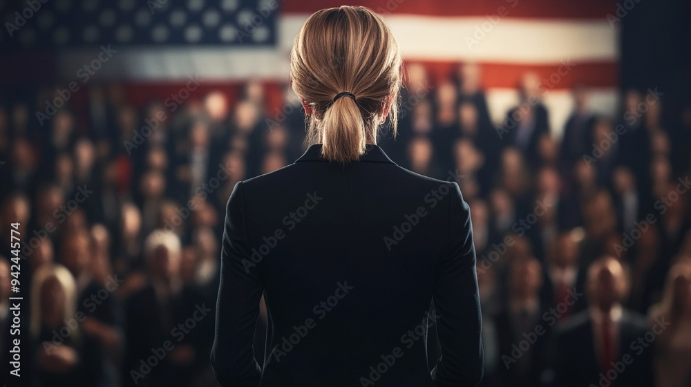 Fototapeta premium Back view on female presidential candidate