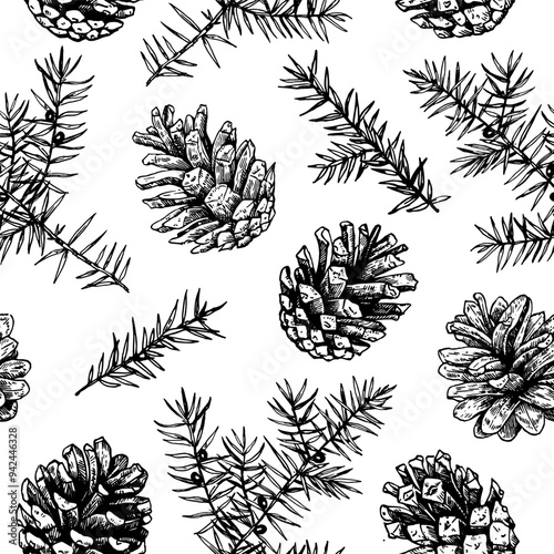 Christmas seamless pattern with pine cones and juniper. Monochrome vector illustration in engraving style.