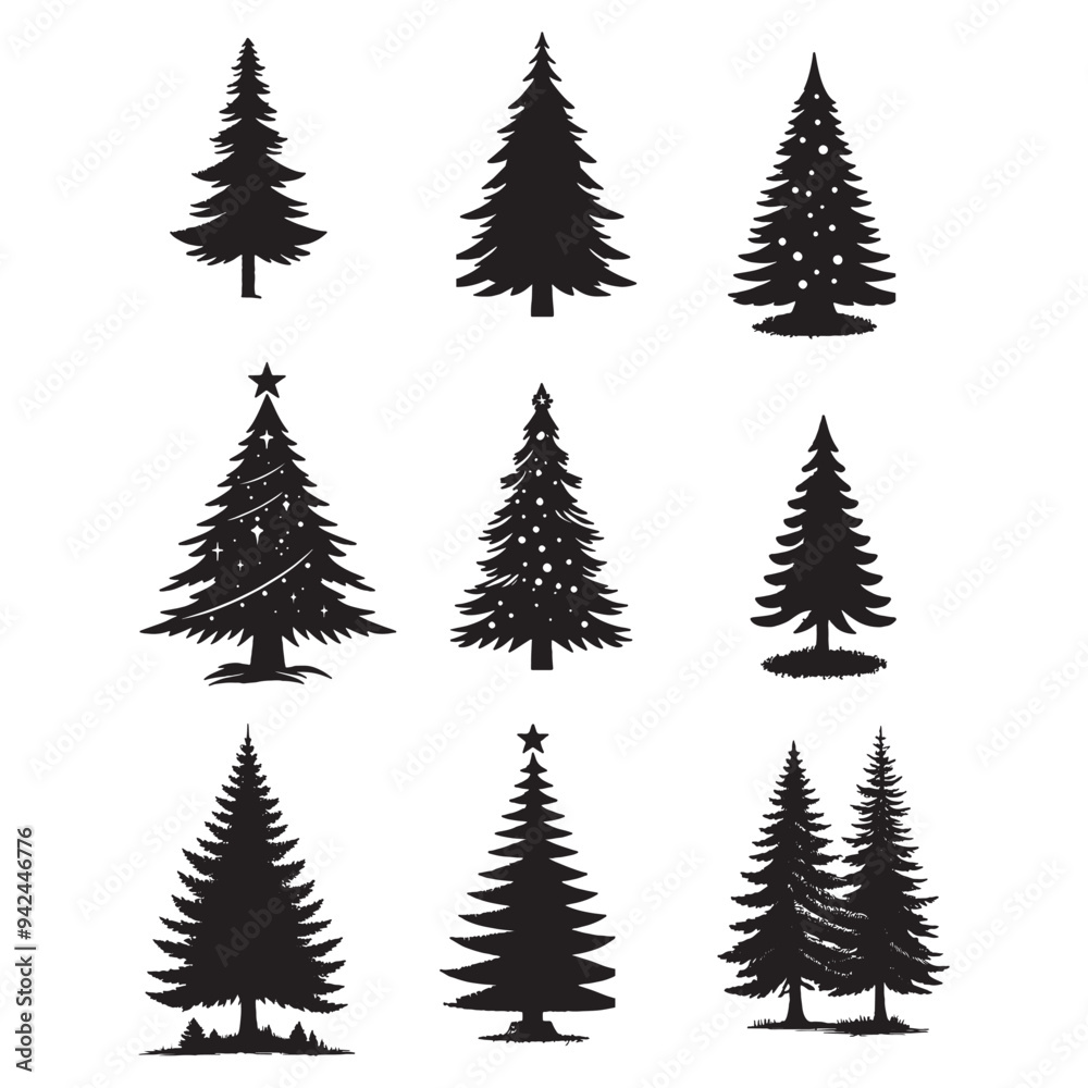 Obraz premium set of pine trees silhouettes on white 