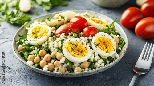 Chickpea and Egg Salad: Fresh and Healthy Dish Featuring a Colorful Mix of Chickpeas, Hard-Boiled Eggs, and Vegetables, Perfect for a Nutritious Meal